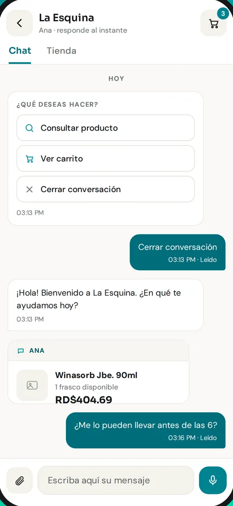 Conversación con un negocio: opciones rápidas y un producto con su precio