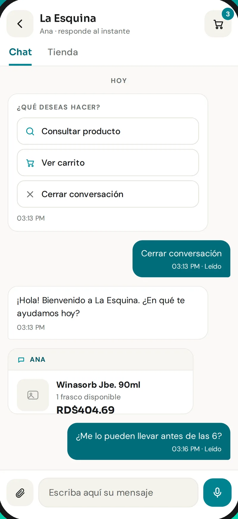 Conversación con un negocio: opciones rápidas y un producto con su precio