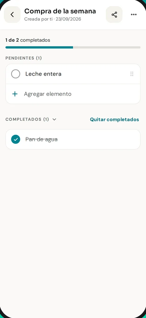 Lista de compra de la semana con elementos pendientes y completados